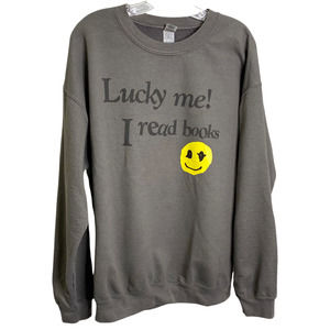 Gildan Lucky‎ Me Women's Sweatshirt Pullover Crew Neck Smiley Face Gray Cotton L